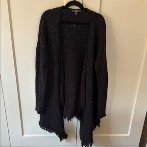 NYDJ Black White Speckle Tweed Knit Fringe Open Cardigan